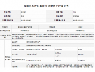 奇瑞再啟增資擴股計劃 合計募集資金預計不低于142.5億元　